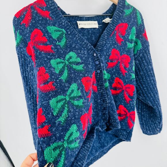 Marisa Christina Vintage Navy Red Green Bow Knit Cardigan Sweater Holiday Medium - Picture 5 of 6